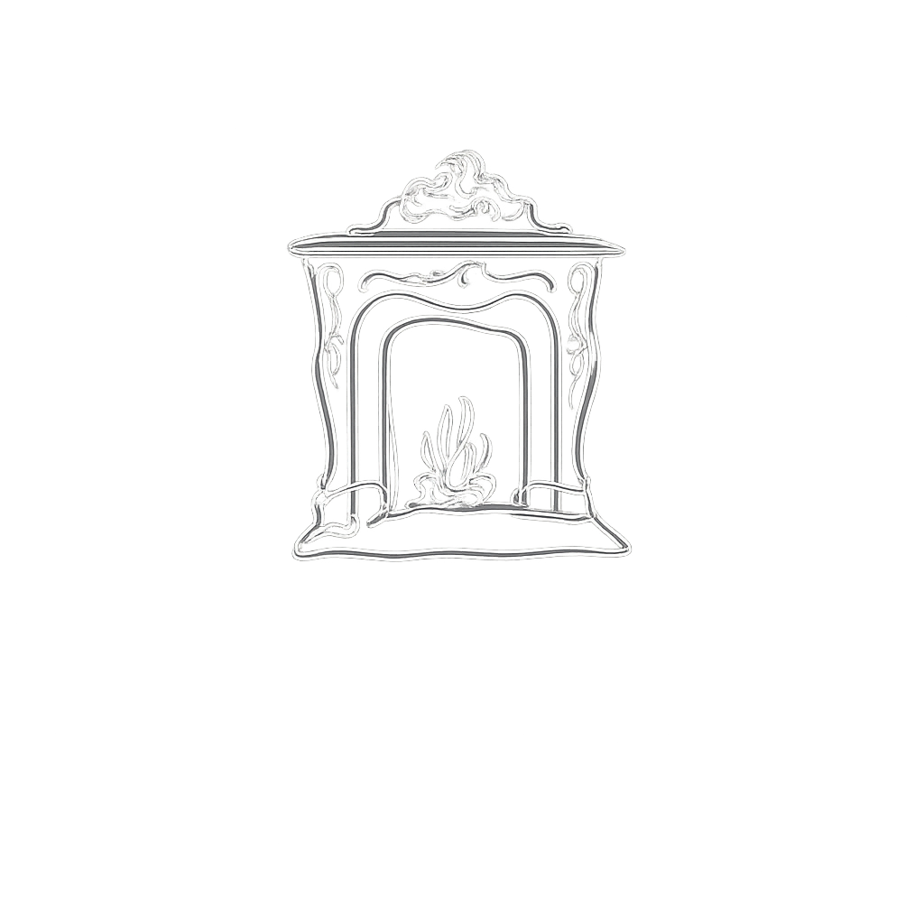 A loose line drawing of an ornate fireplace with a small flame