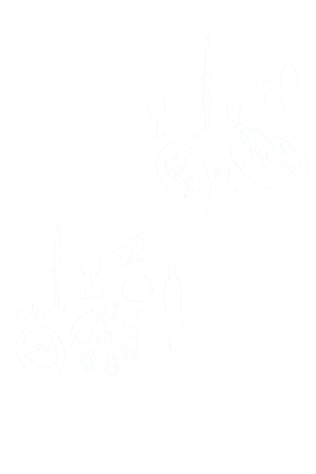 A hand-drawn arrangement of candlelit seafood tables, flowers, wine, and gathering details