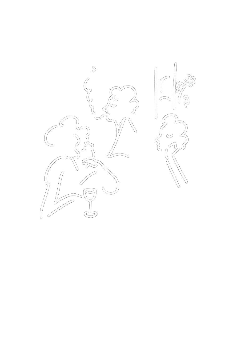 A loose line drawing of people gathering over conversation and a glass of wine